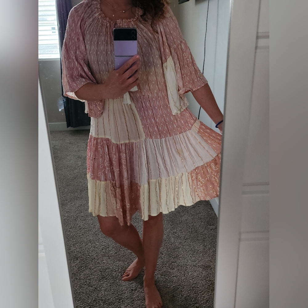 Tiered Patchwork Mini Dress in Blush Pink and Cream